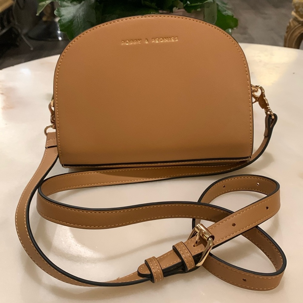 Poppy and Peonies Tan Vegan Leather crossbody bag.